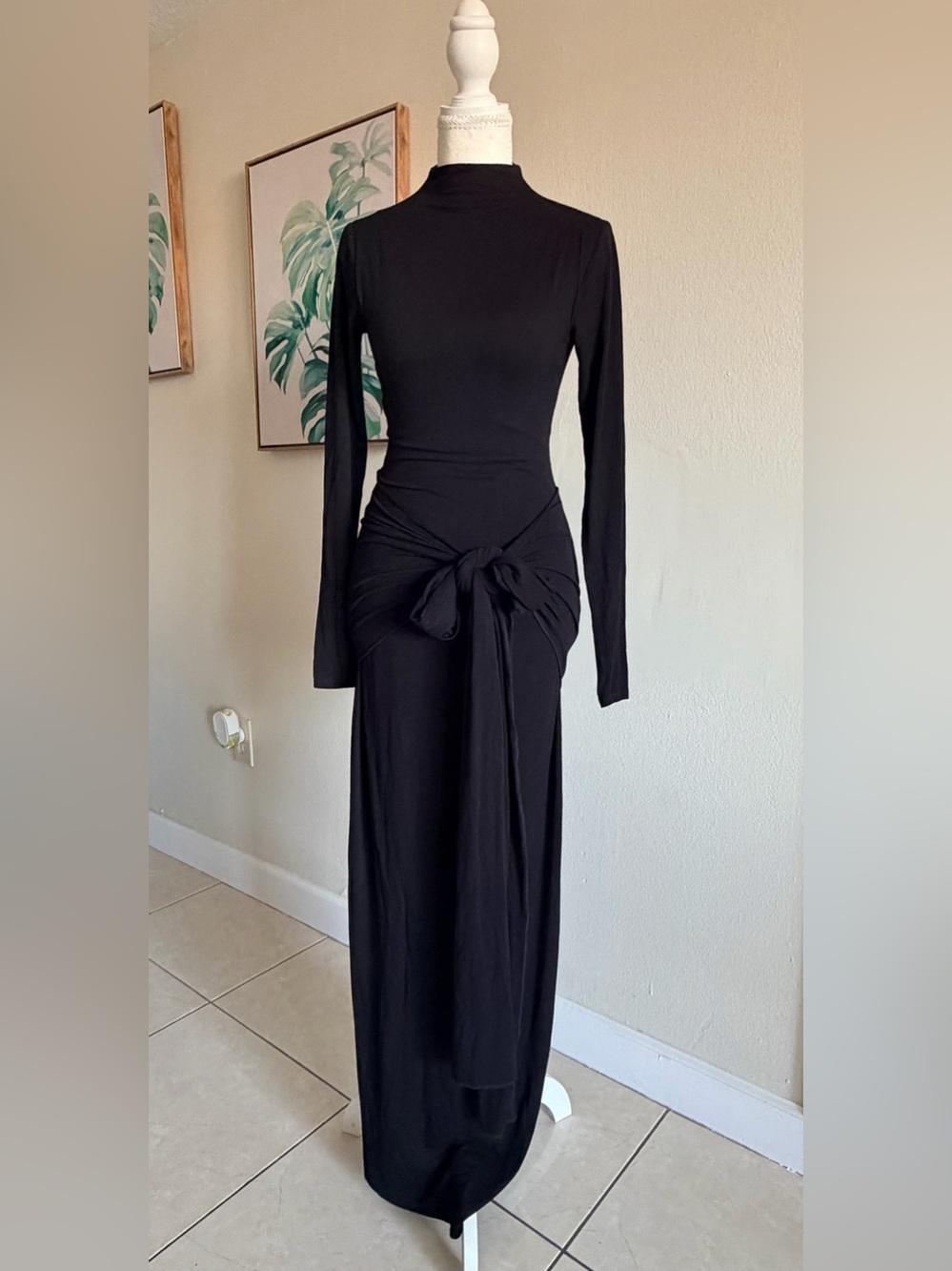 naked wardrobe Black Long Sleeve Knot Front Maxi Dress
